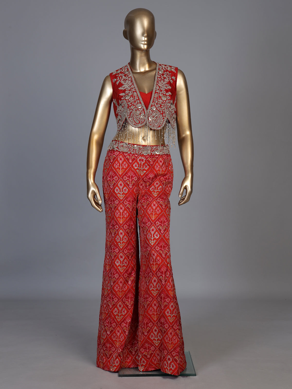 Orange crystal fringe sharara suit