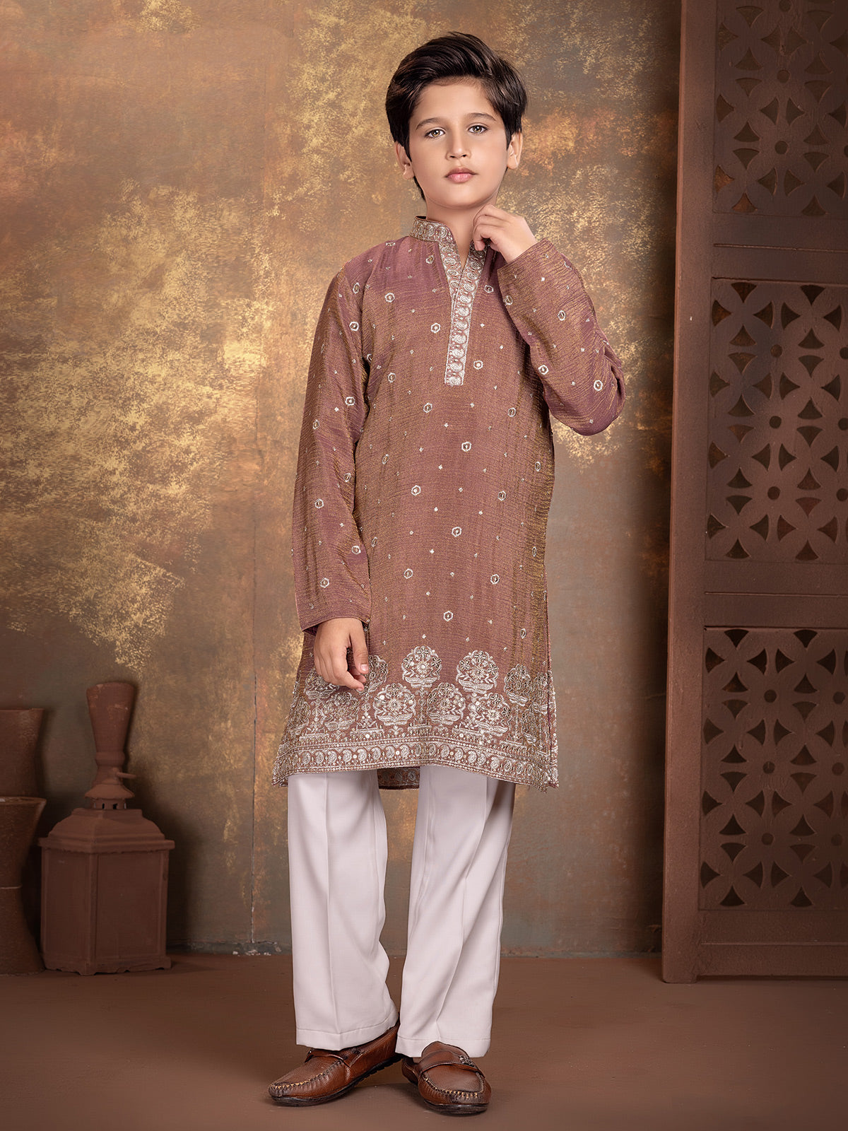 Dusty wine embellished boys kurta suit