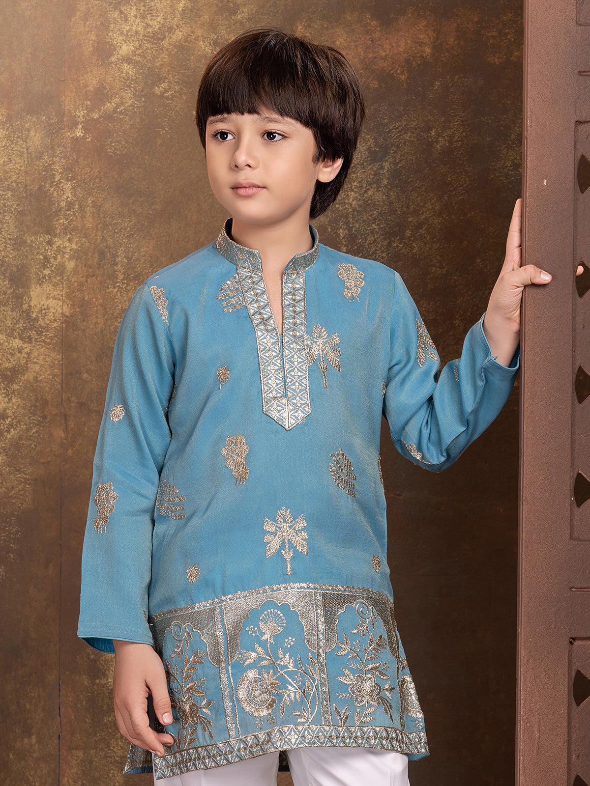 Blue mughal arch boys kurta suit