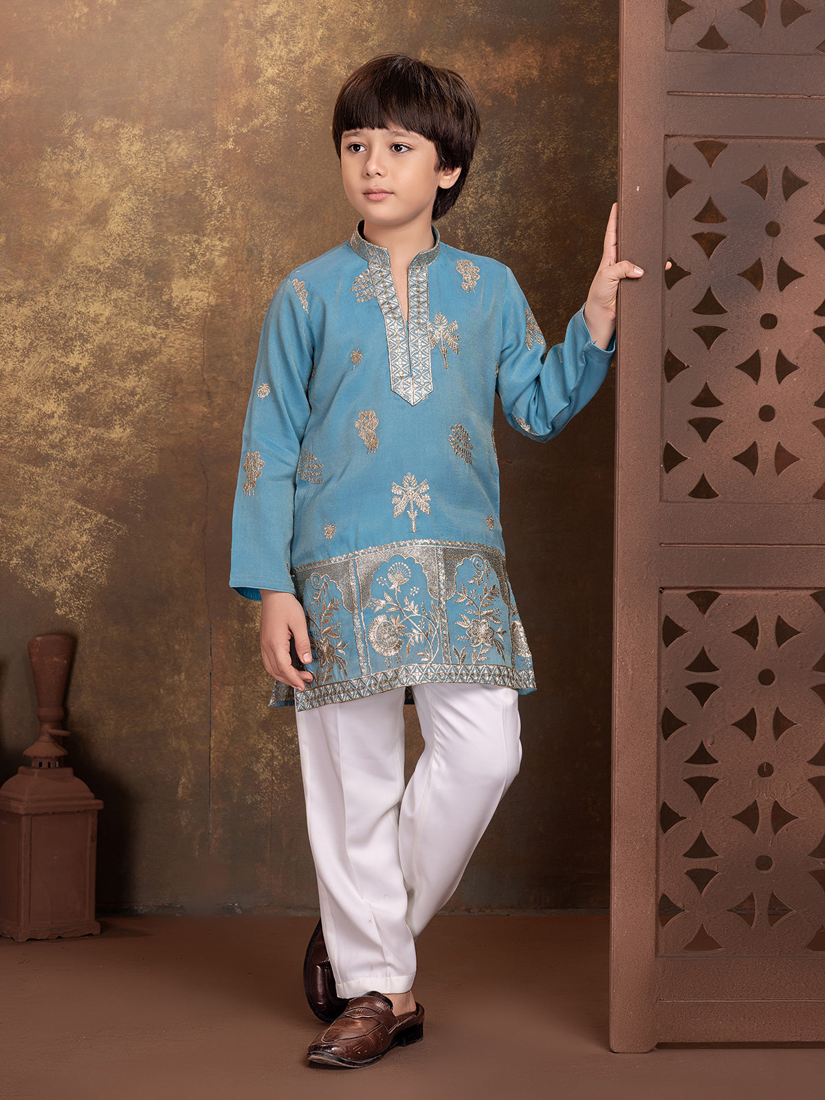 Blue mughal arch boys kurta suit