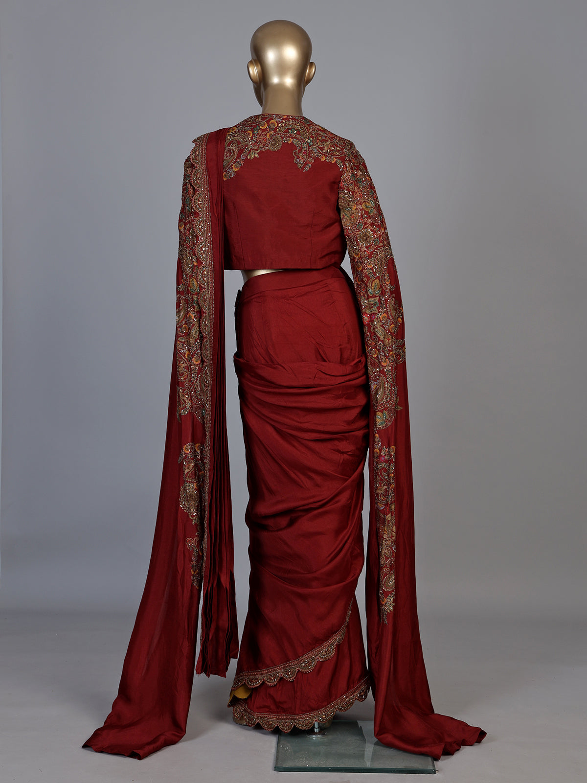 Maroon designer cape style ready to wear saree