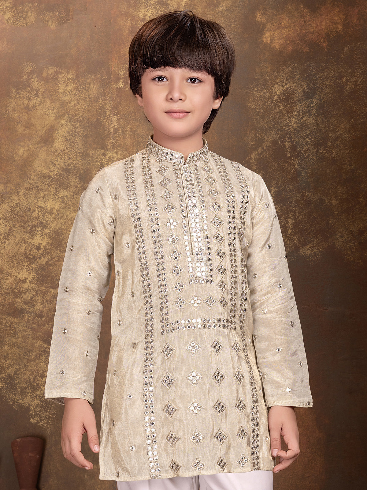 Beige mirror work boys kurta suit
