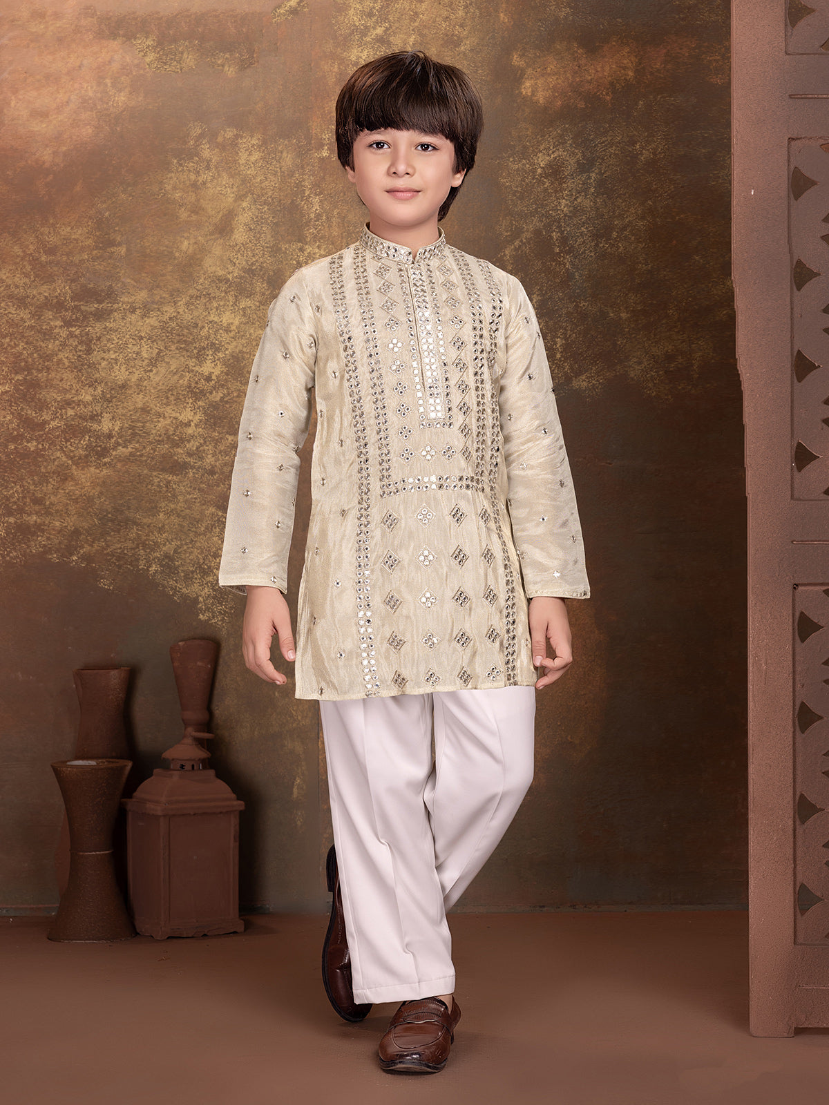 Beige mirror work boys kurta suit