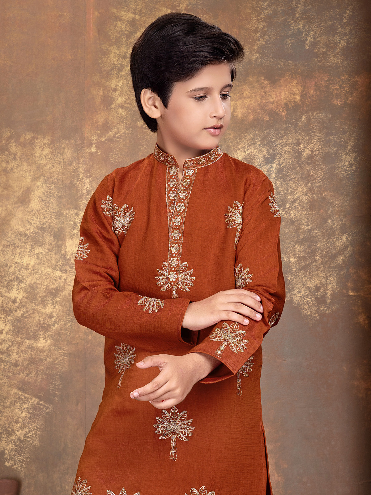 Dusty orange embroidered boys kurta suit