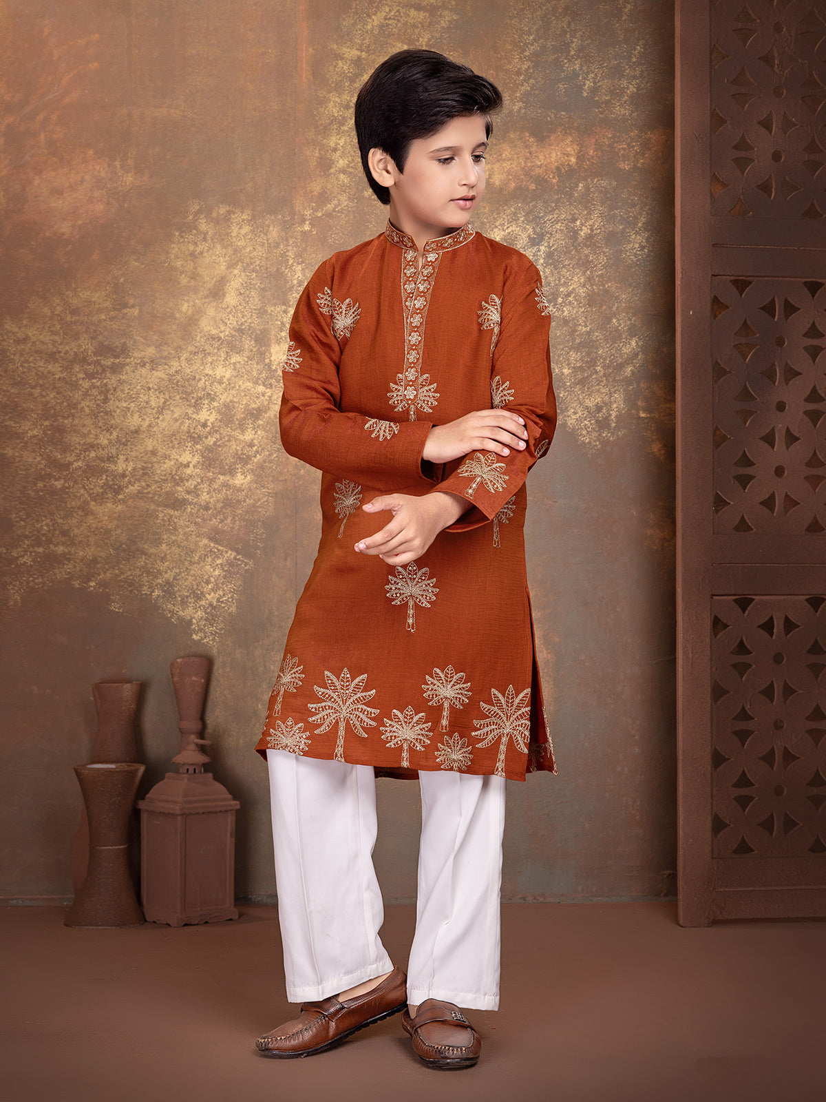 Dusty orange embroidered boys kurta suit