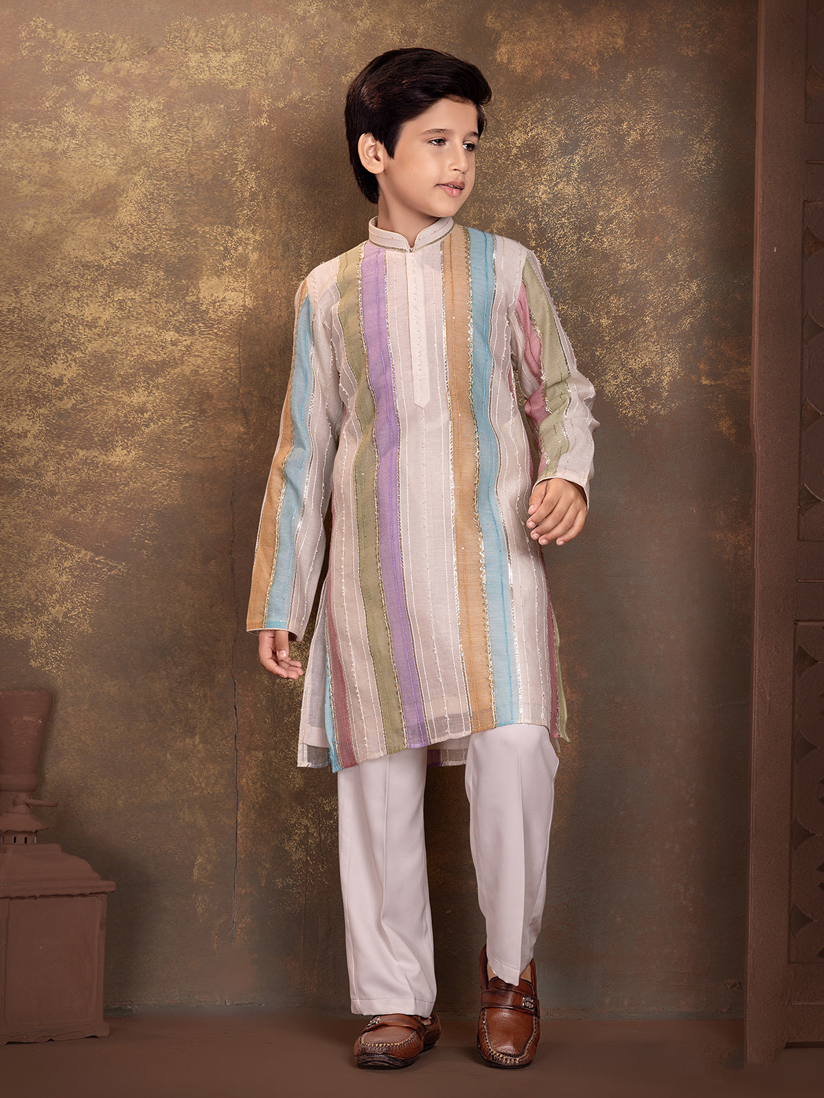 Multicolour striped boys kurta suit