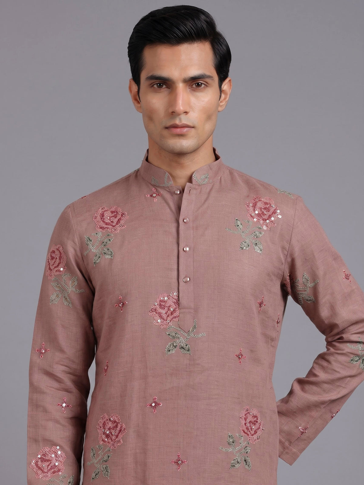 Onion pink cotton linen mens kurta