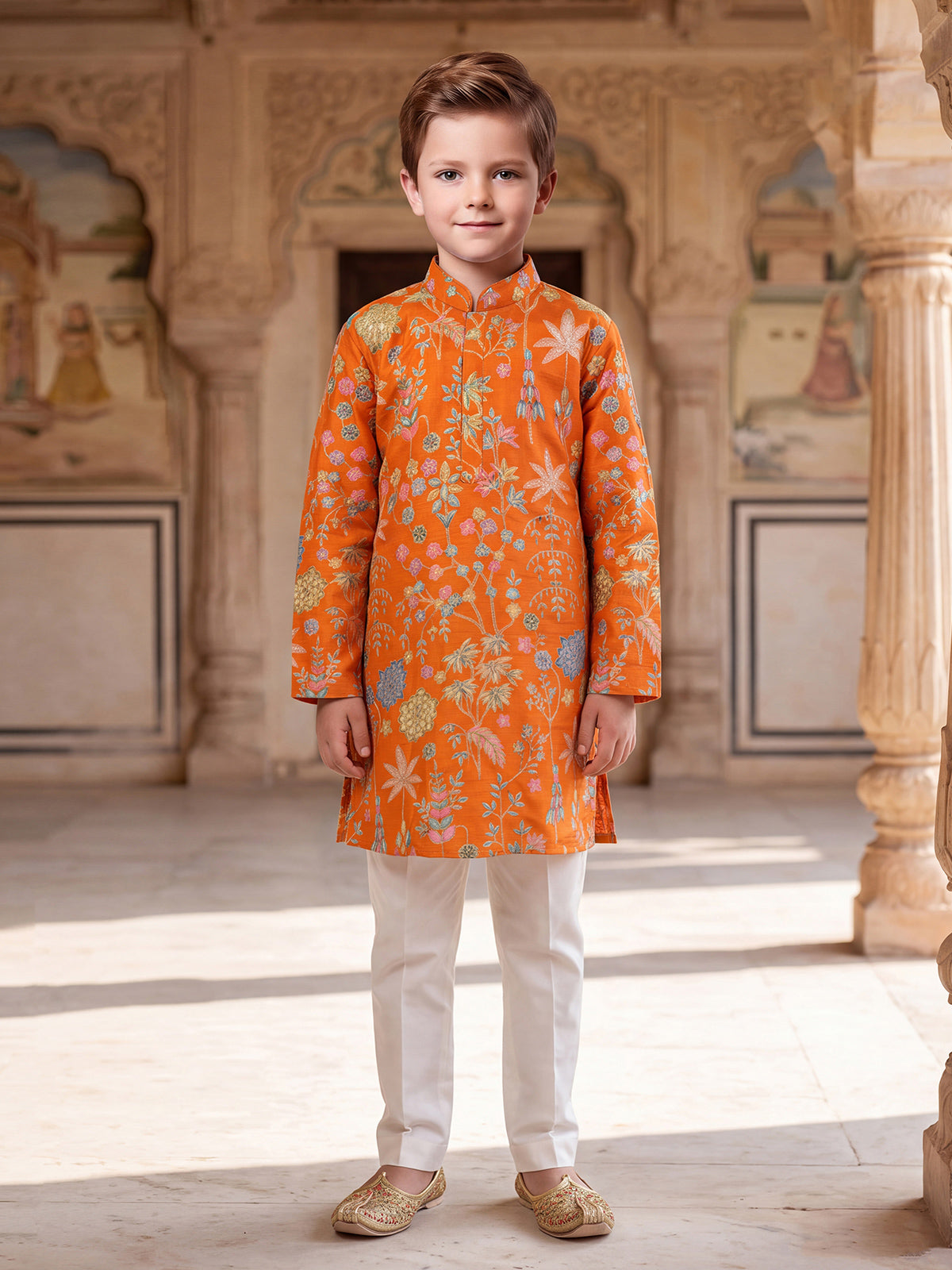 Orange botanical boys kurta suit