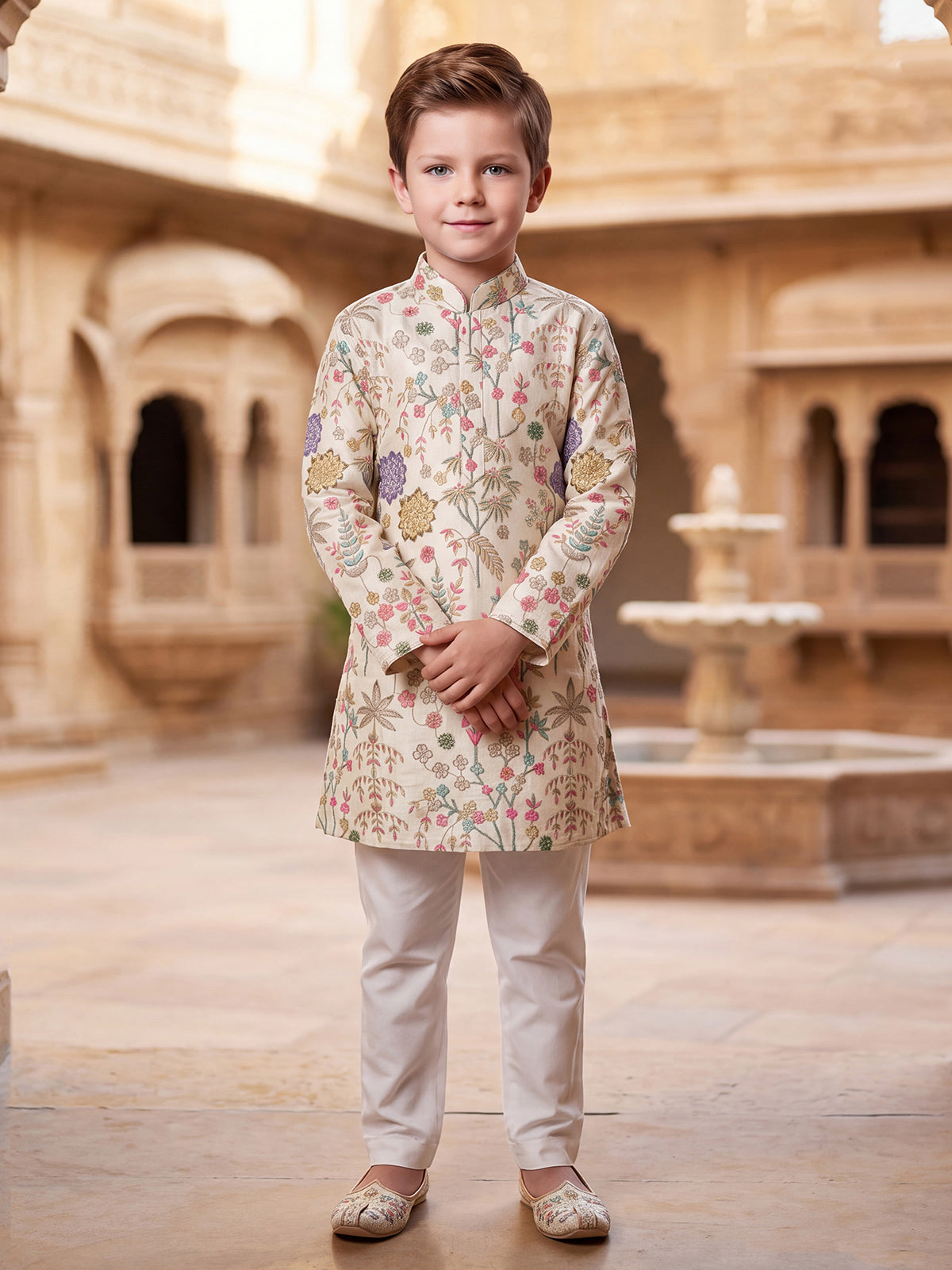 Cream floral embroidered boys kurta suit