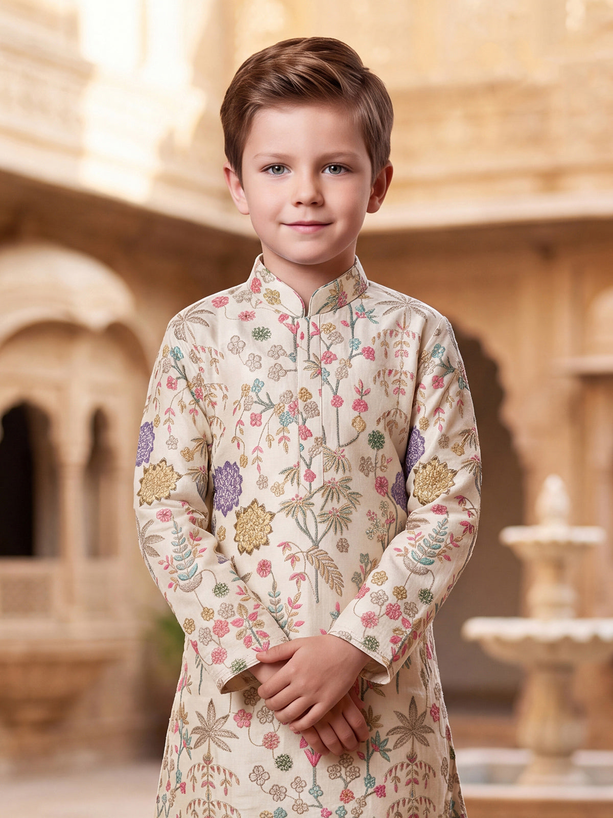 Cream floral embroidered boys kurta suit