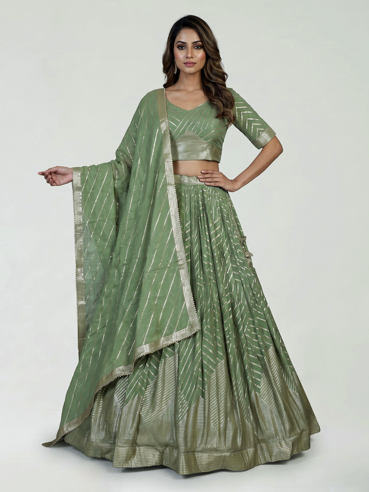 Pista green zari embellished women’s georgette lehenga choli
