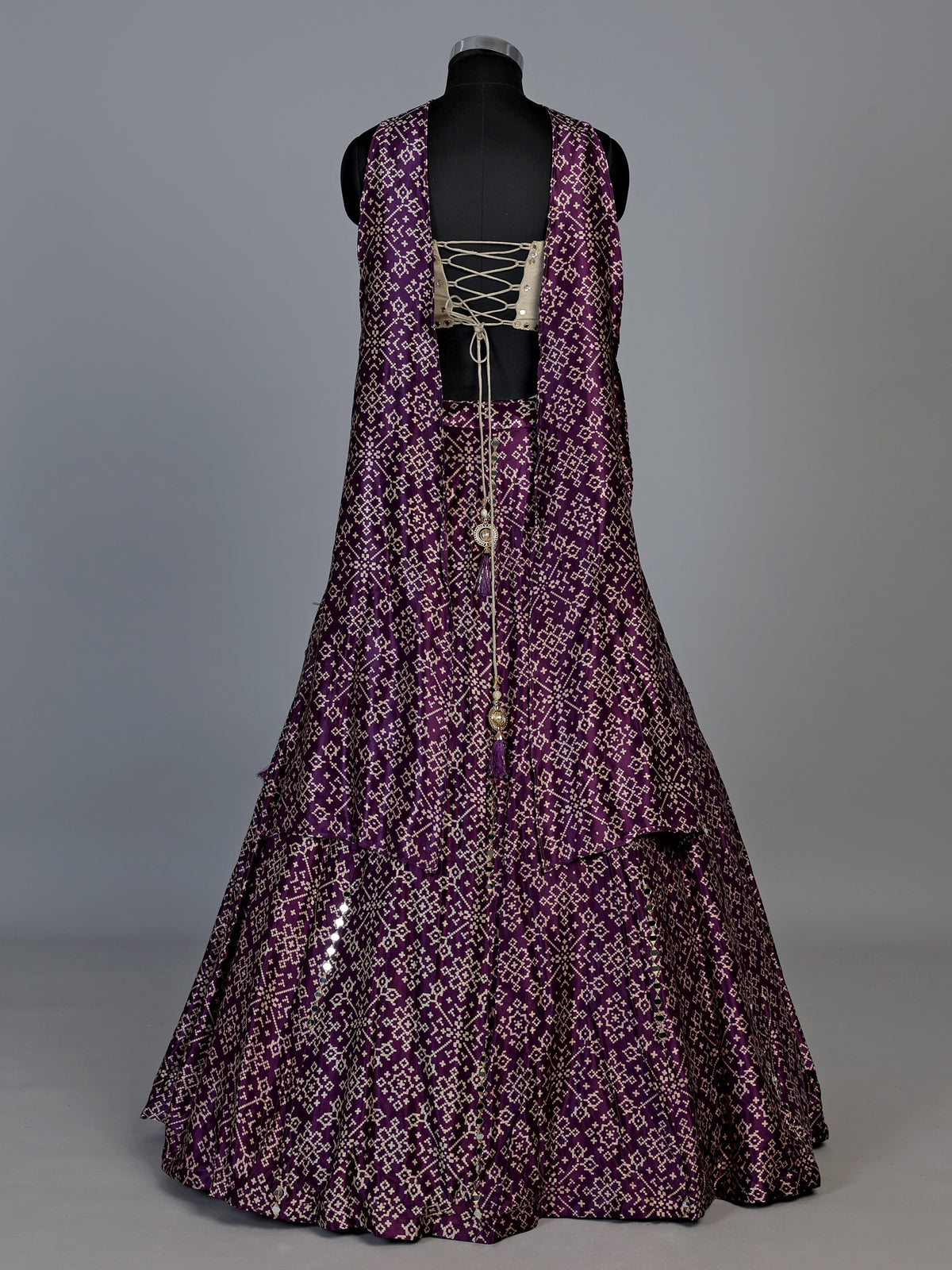 Purple bandhani mirror embellished women’s silk lehenga choli