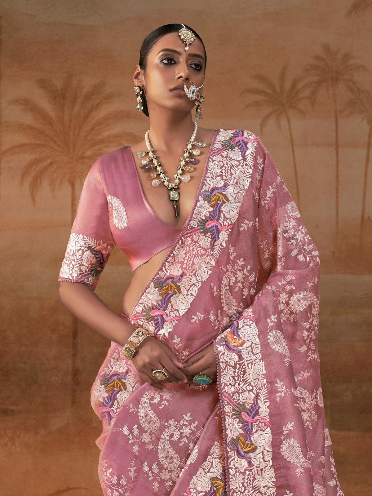 Dusty rose handloom silk womens floral saree