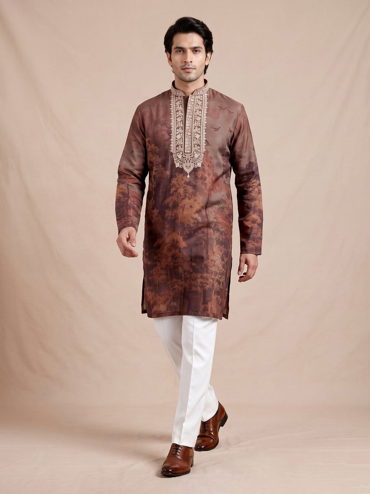 Brown art silk printed mens kurta pajama