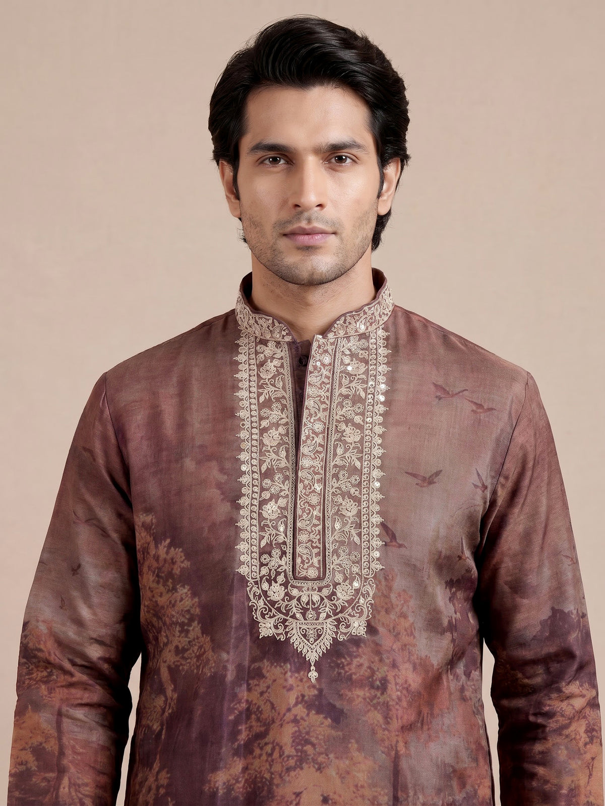 Brown art silk printed mens kurta pajama