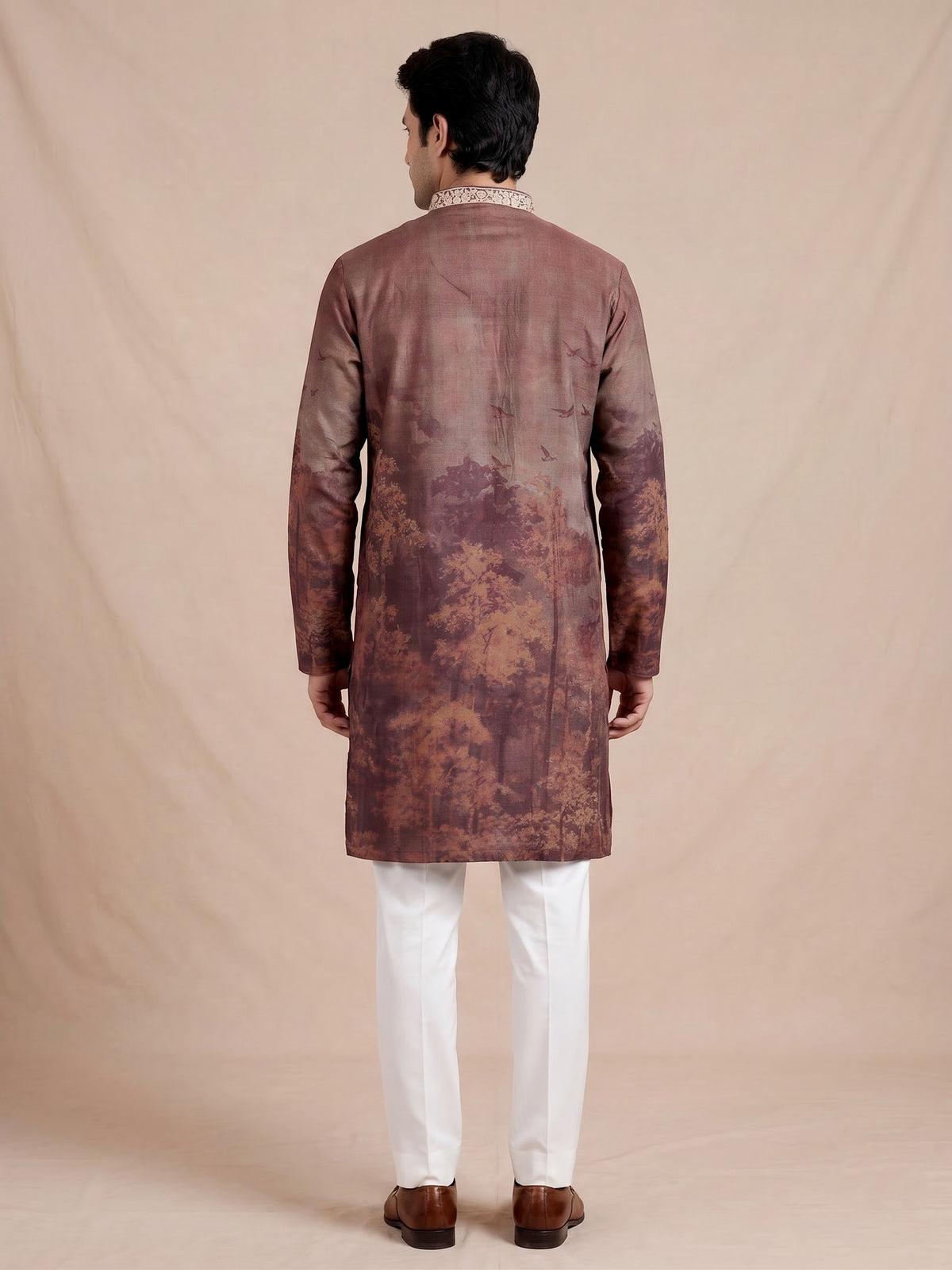 Brown art silk printed mens kurta pajama