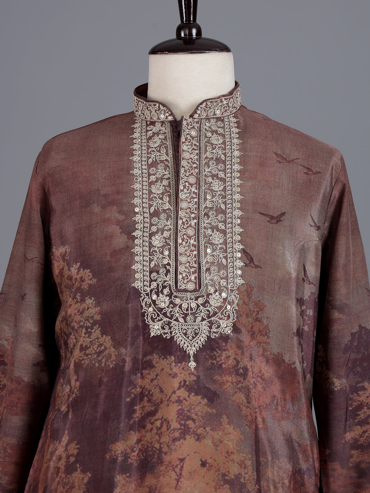 Brown art silk printed mens kurta pajama
