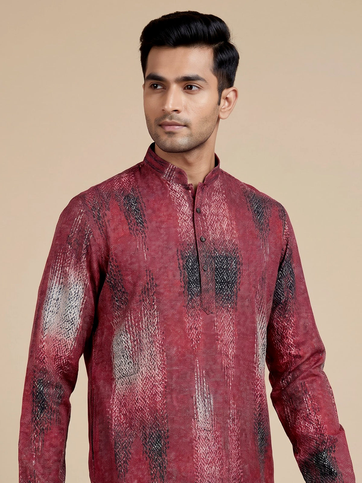 Maroon polyester viscose printed mens kurta pajama