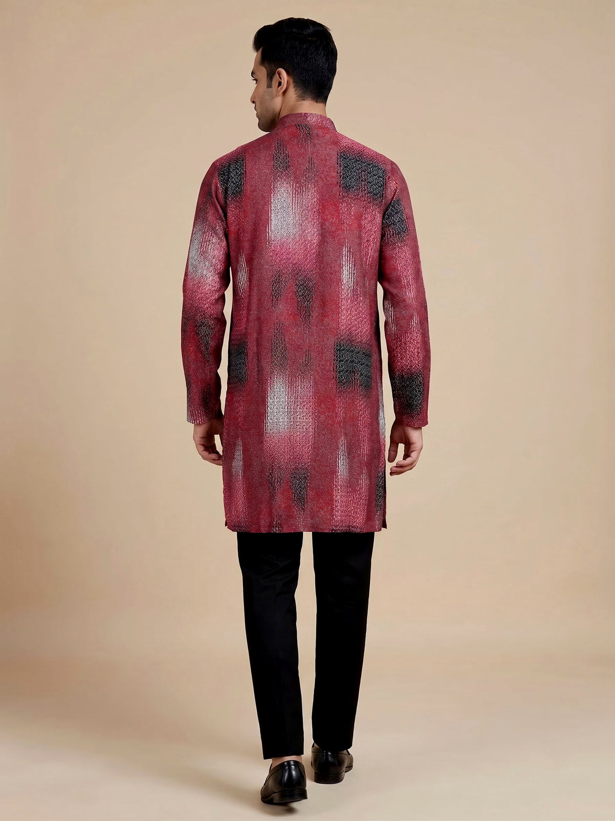 Maroon polyester viscose printed mens kurta pajama