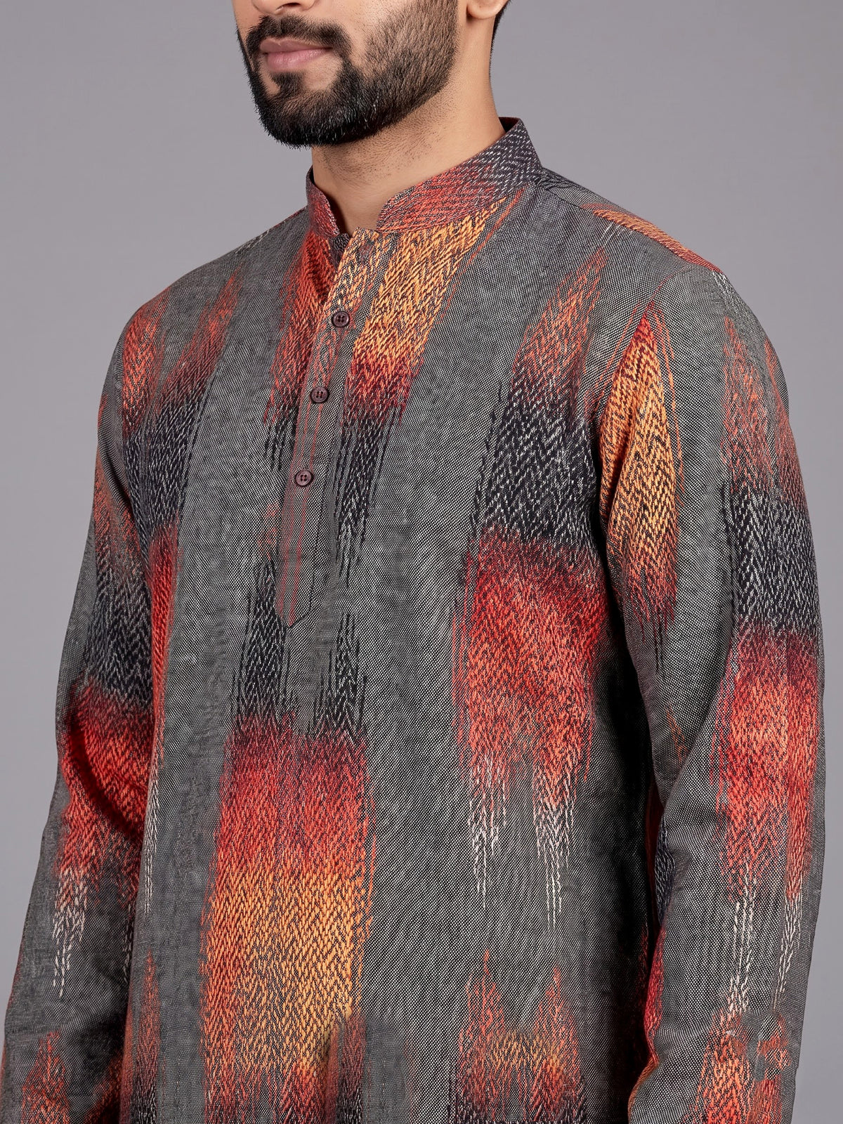 Grey polyester viscose printed mens kurta pajama