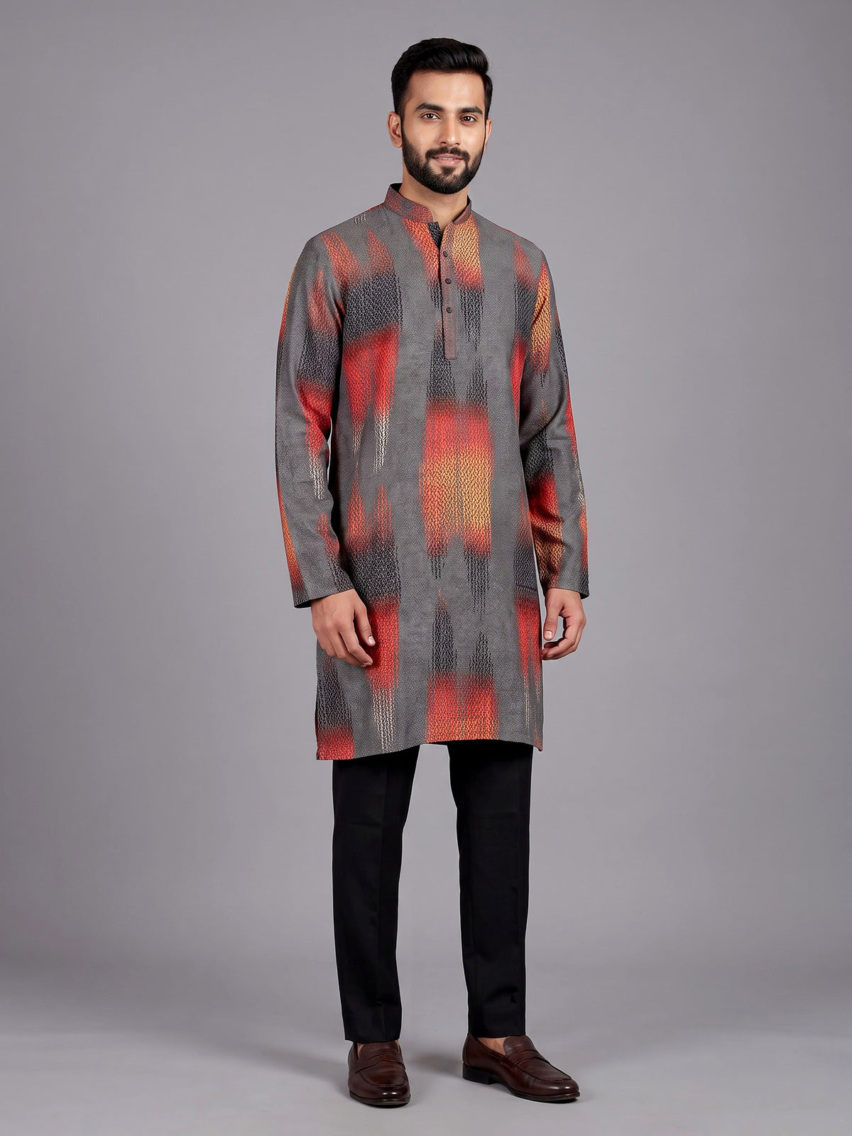 Grey polyester viscose printed mens kurta pajama