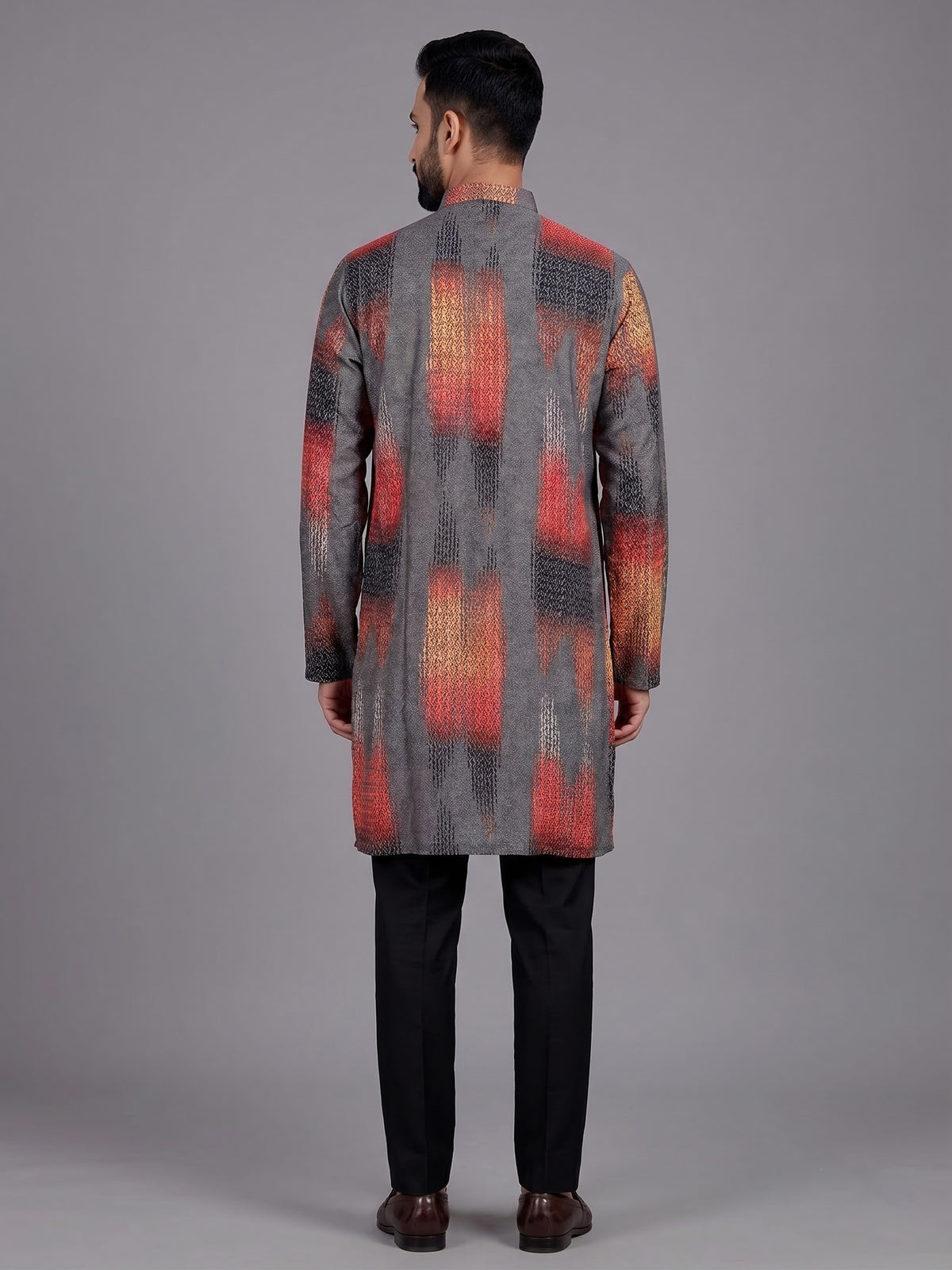 Grey polyester viscose printed mens kurta pajama