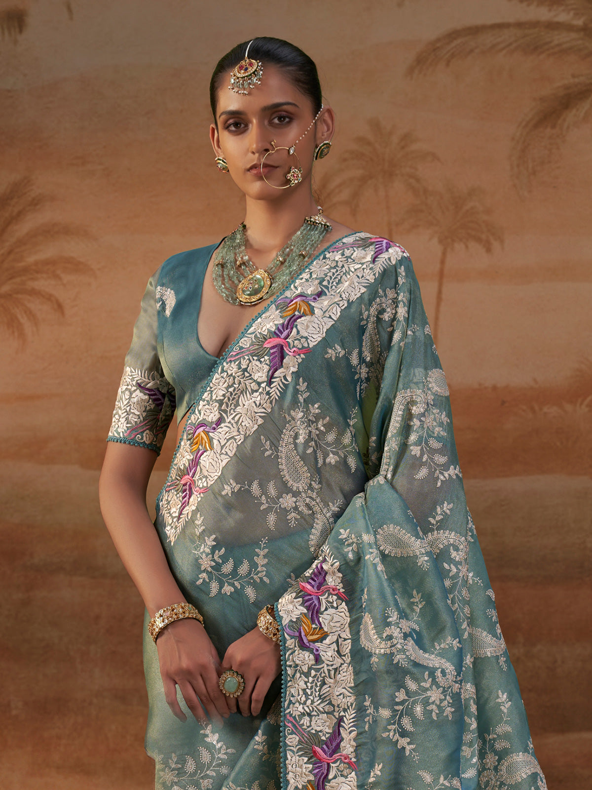 Teal blue handloom silk womens floral saree