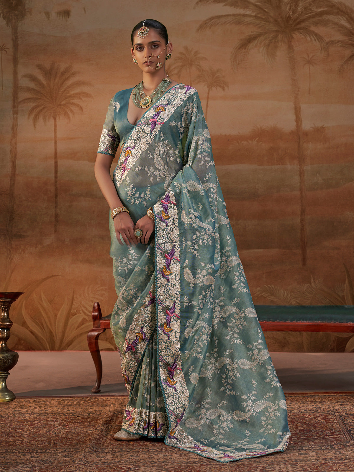 Teal blue handloom silk womens floral saree