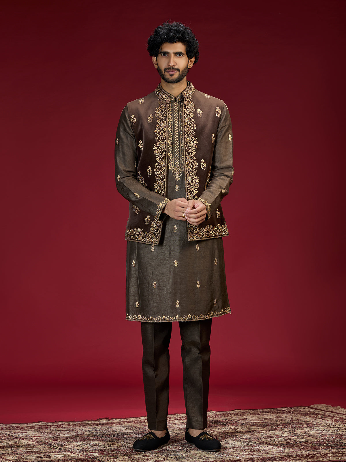 Rich brown mens waistcoat set with royal embroidery