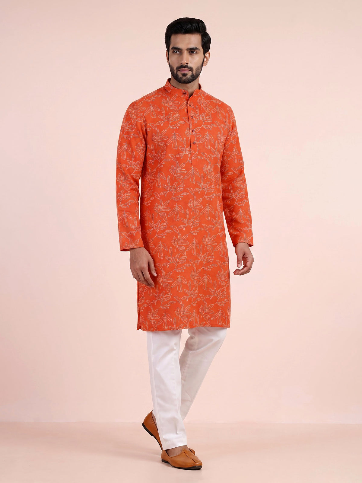 Orange cotton silk printed mens kurta pajama