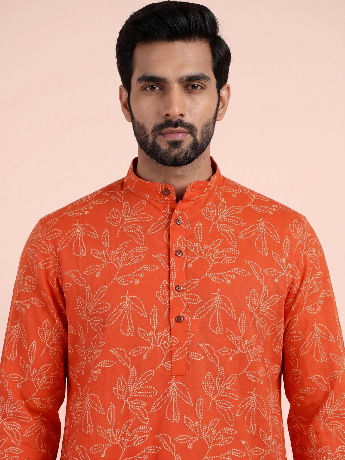 Orange cotton silk printed mens kurta pajama