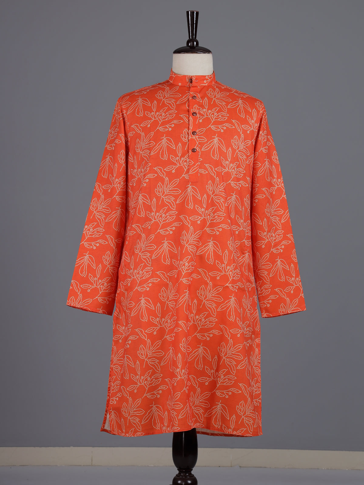 Orange cotton silk printed mens kurta pajama