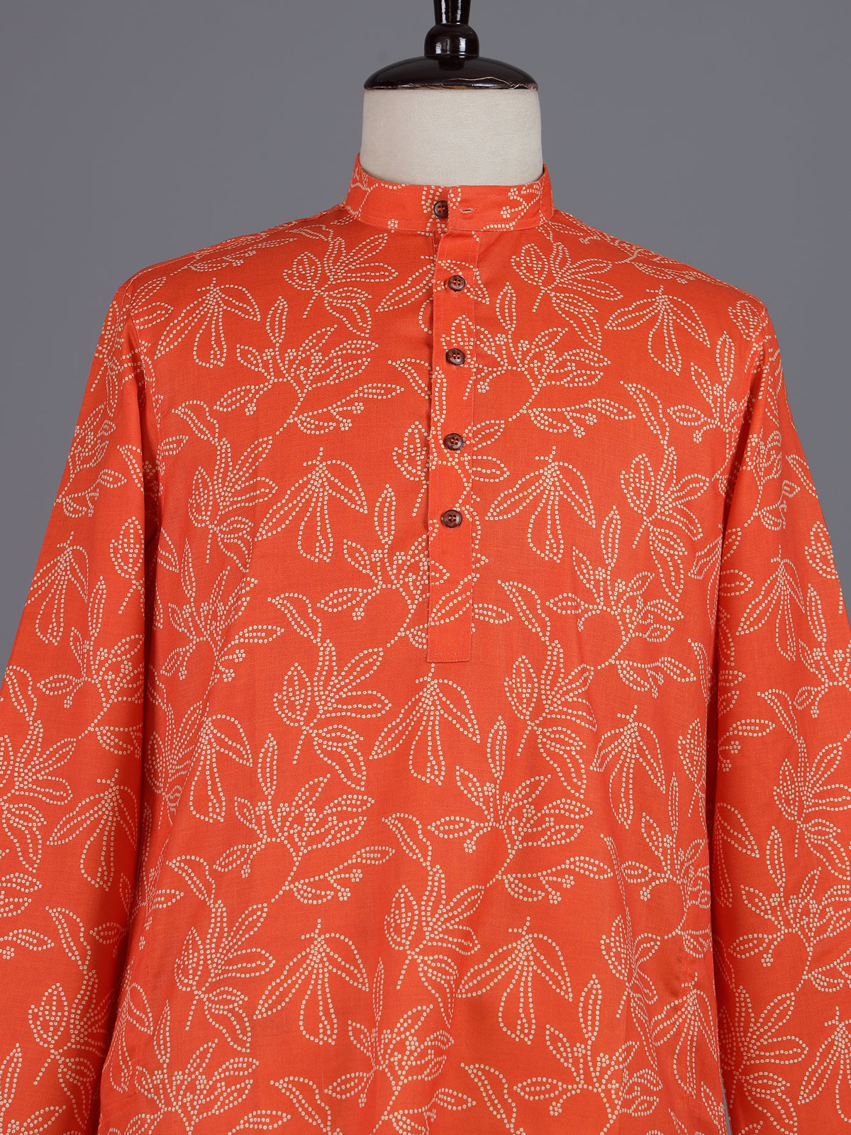 Orange cotton silk printed mens kurta pajama