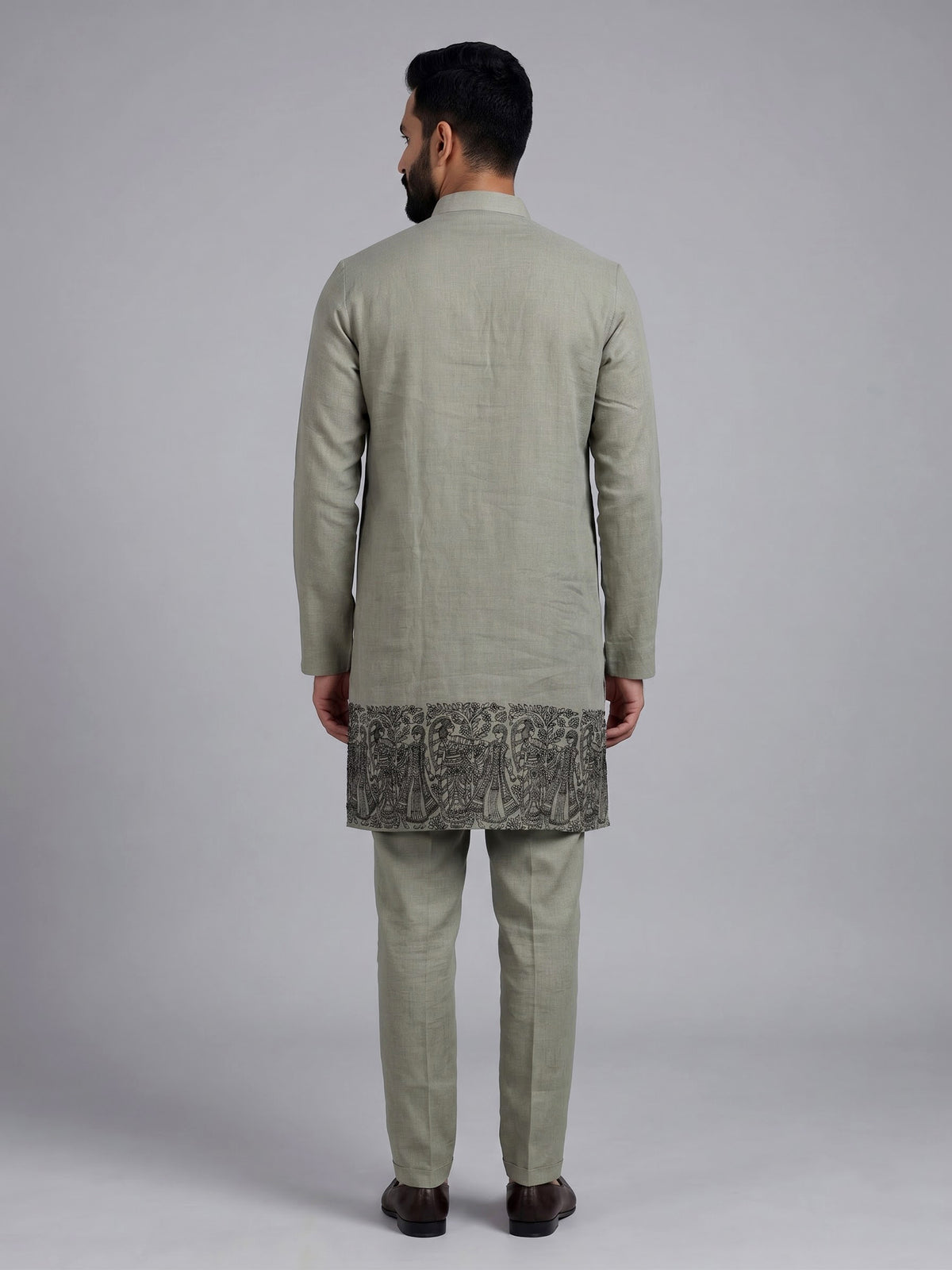 Sage green floral cotton linen mens kurta pajama