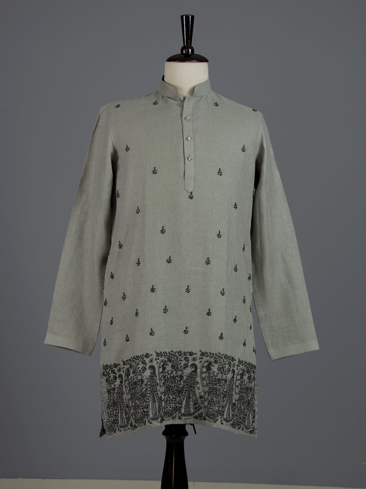 Sage green floral cotton linen mens kurta pajama