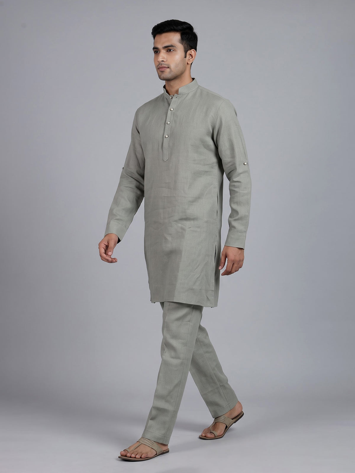 Grey cotton linen mens kurta pajama