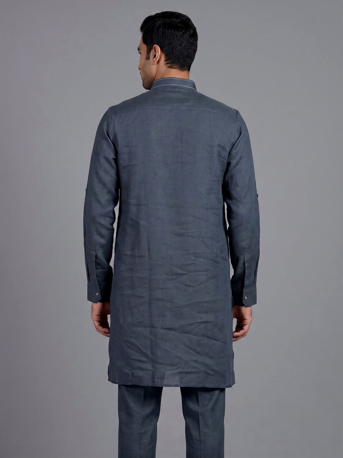 Stone blue cotton linen mens kurta pajama