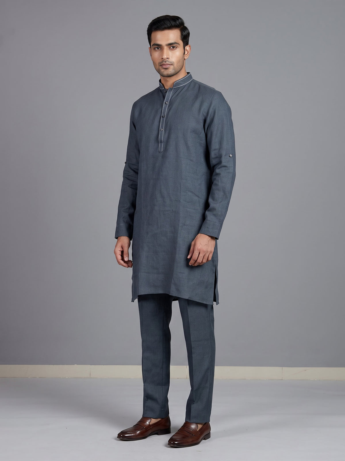 Stone blue cotton linen mens kurta pajama
