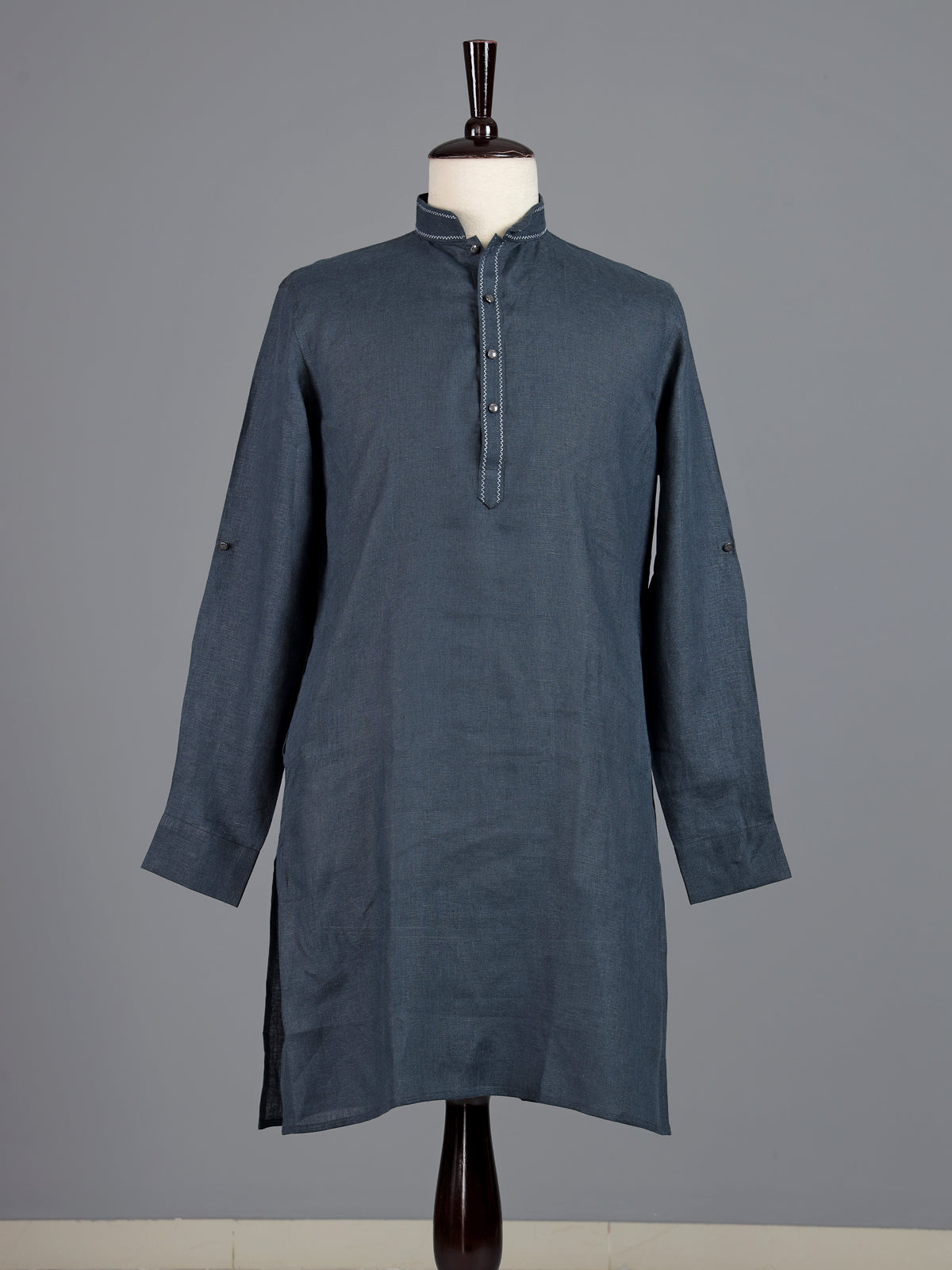 Stone blue cotton linen mens kurta pajama