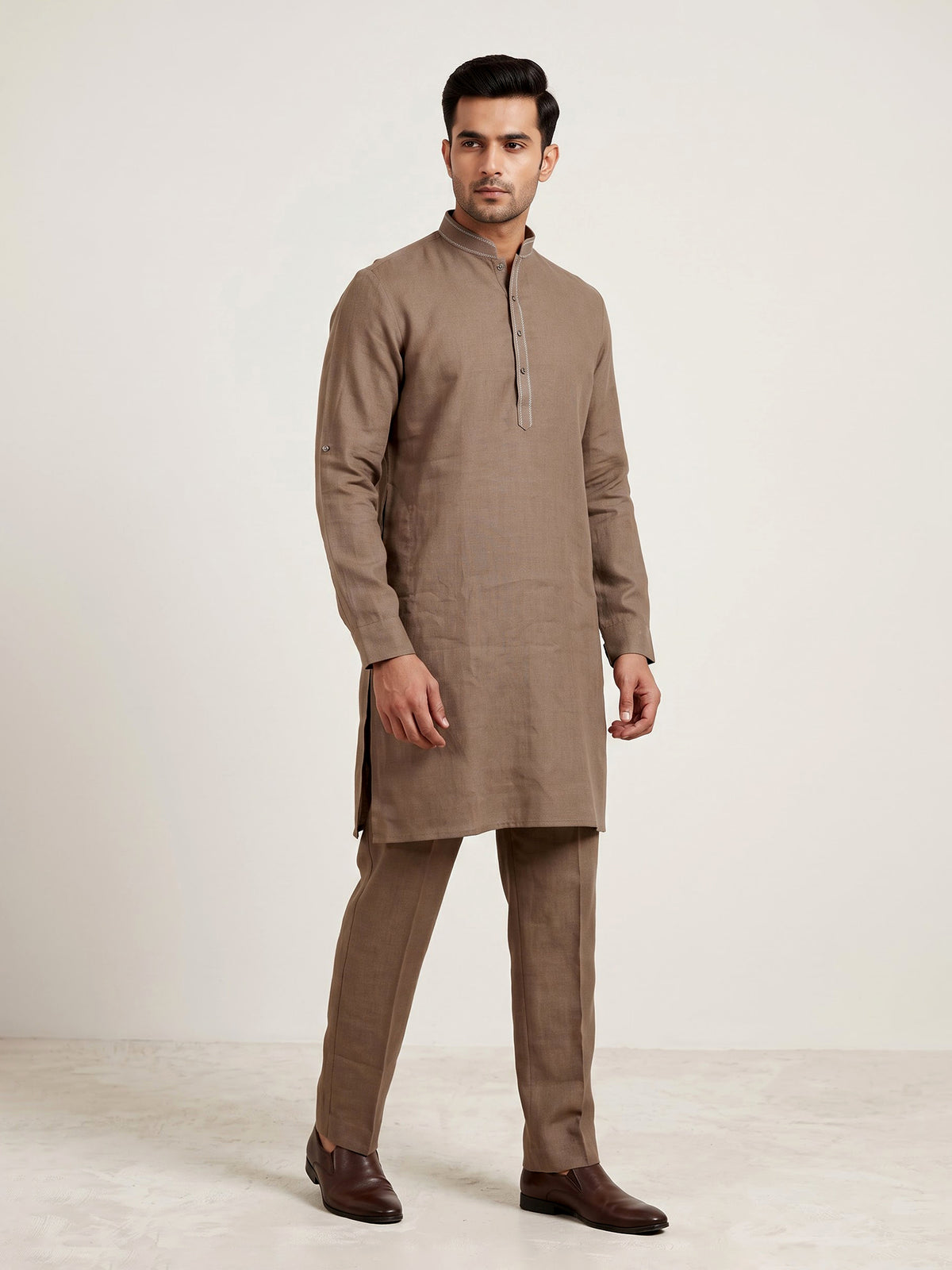 Brown cotton linen mens kurta pajama