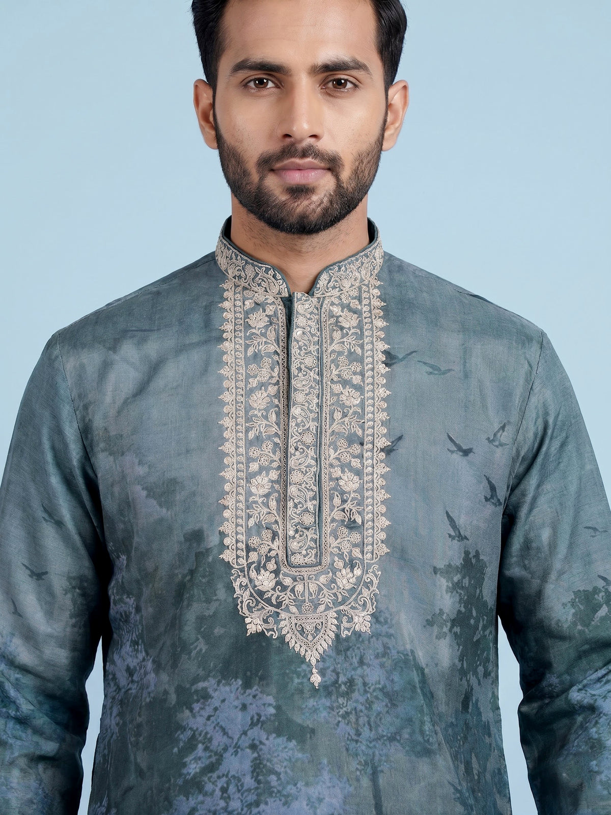Dark grey art silk printed mens kurta pajama
