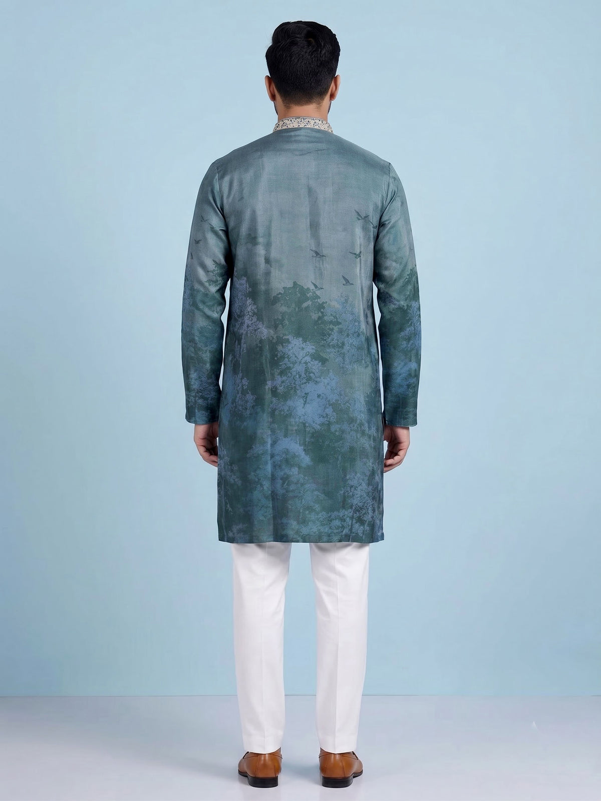Dark grey art silk printed mens kurta pajama