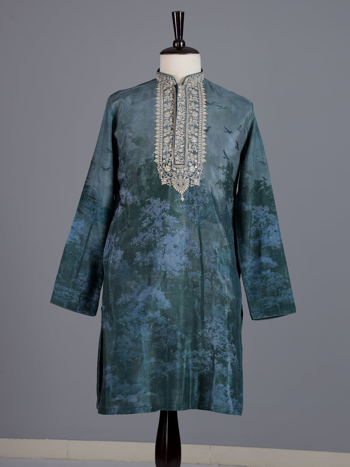 Dark grey art silk printed mens kurta pajama