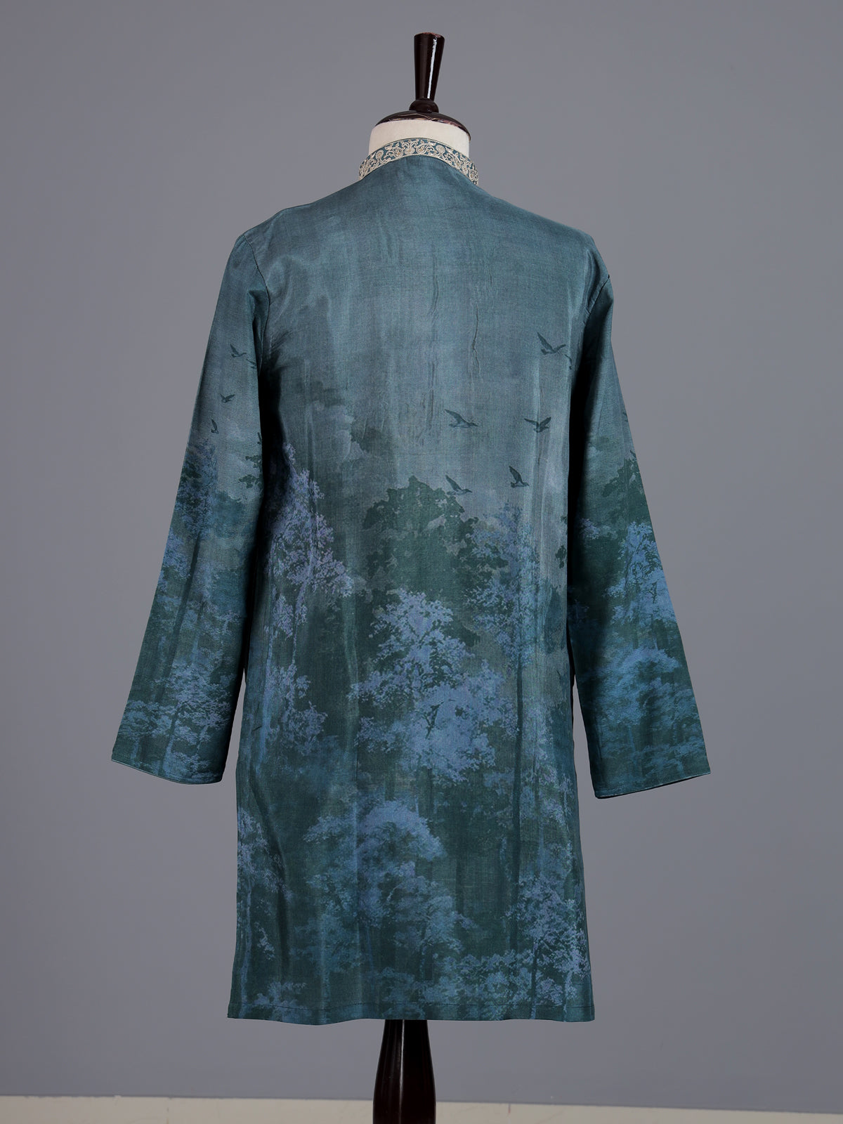 Dark grey art silk printed mens kurta pajama