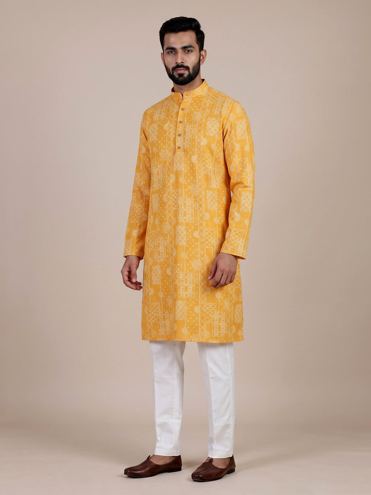 Yellow cotton silk printed mens kurta pajama