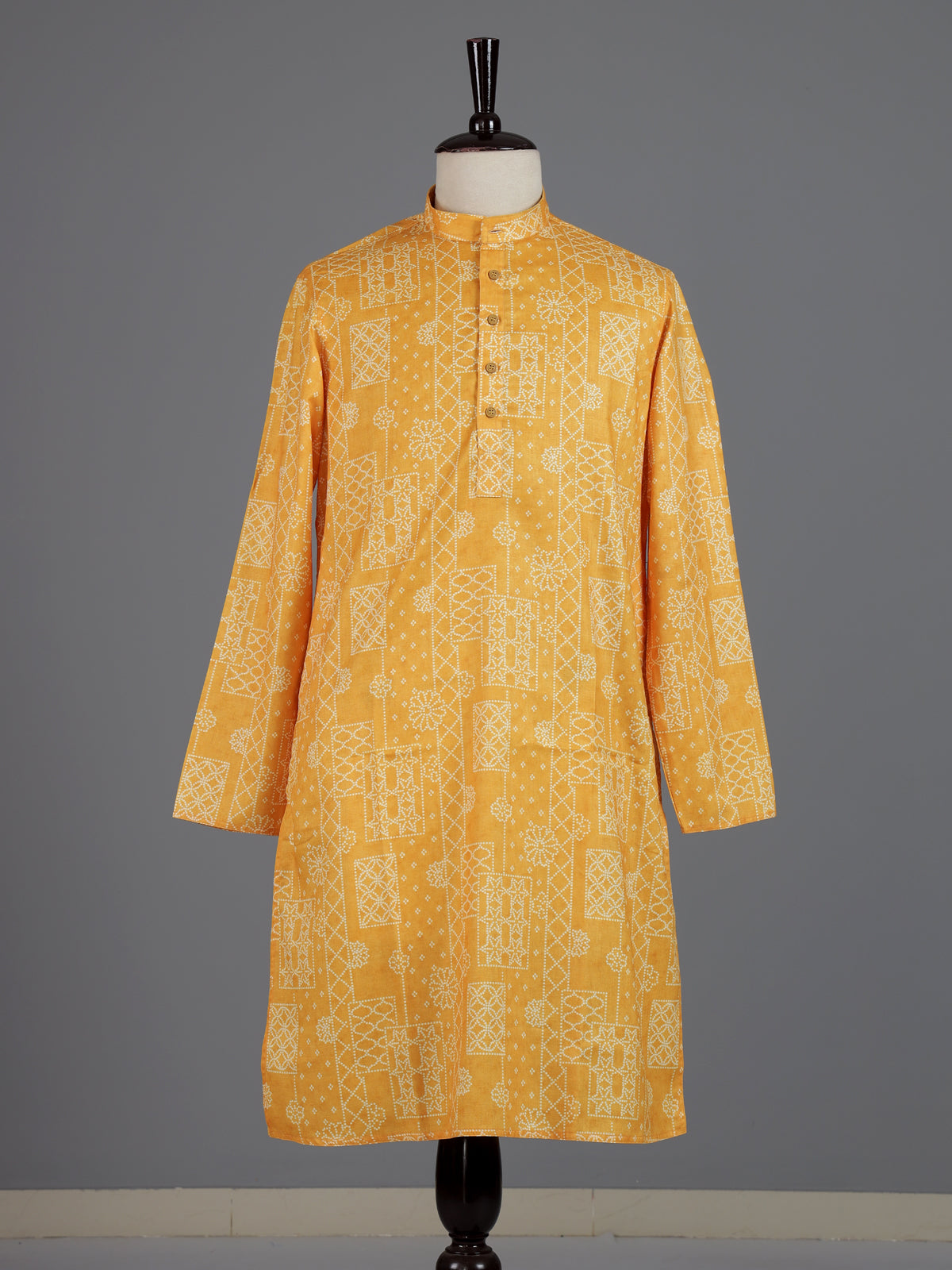 Yellow cotton silk printed mens kurta pajama