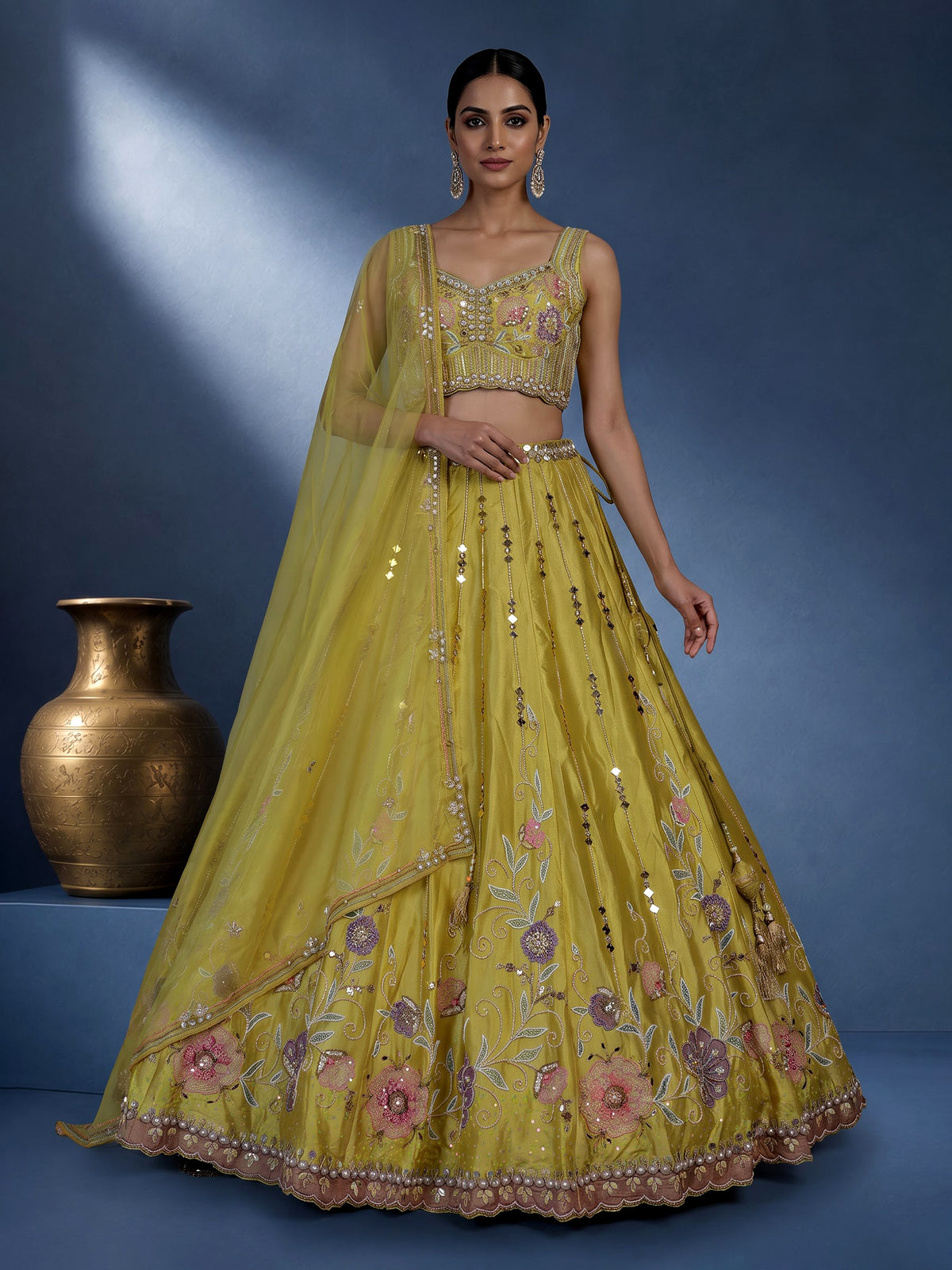 Beige floral embellished women’s raw silk lehenga choli