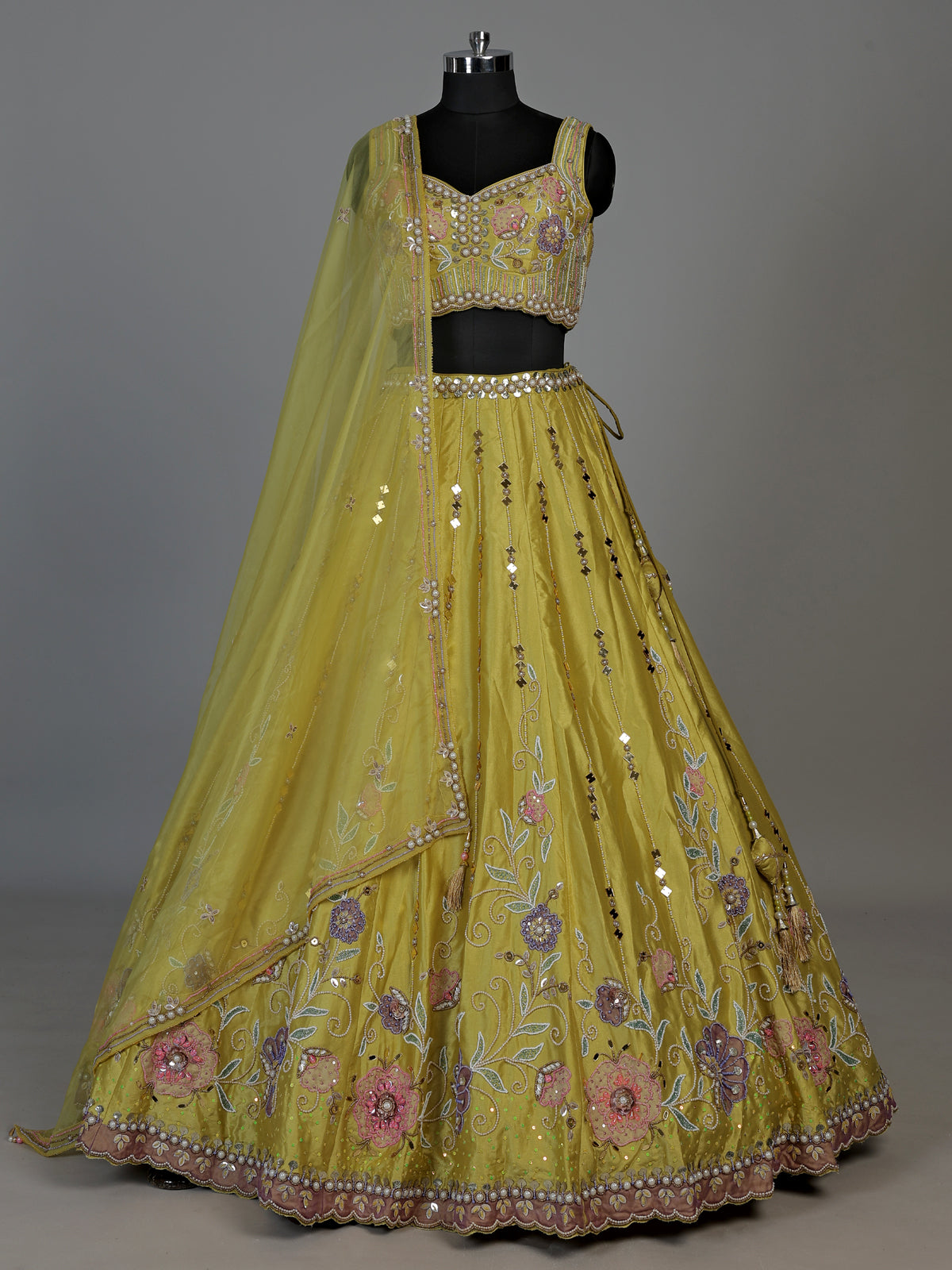 Beige floral embellished women’s raw silk lehenga choli