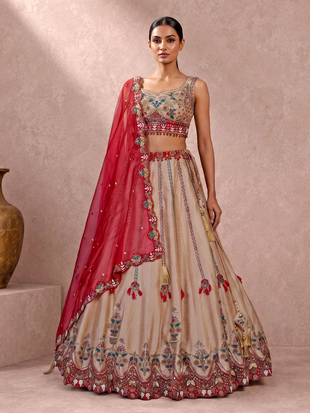 Peach mirror embellished women’s raw silk lehenga choli