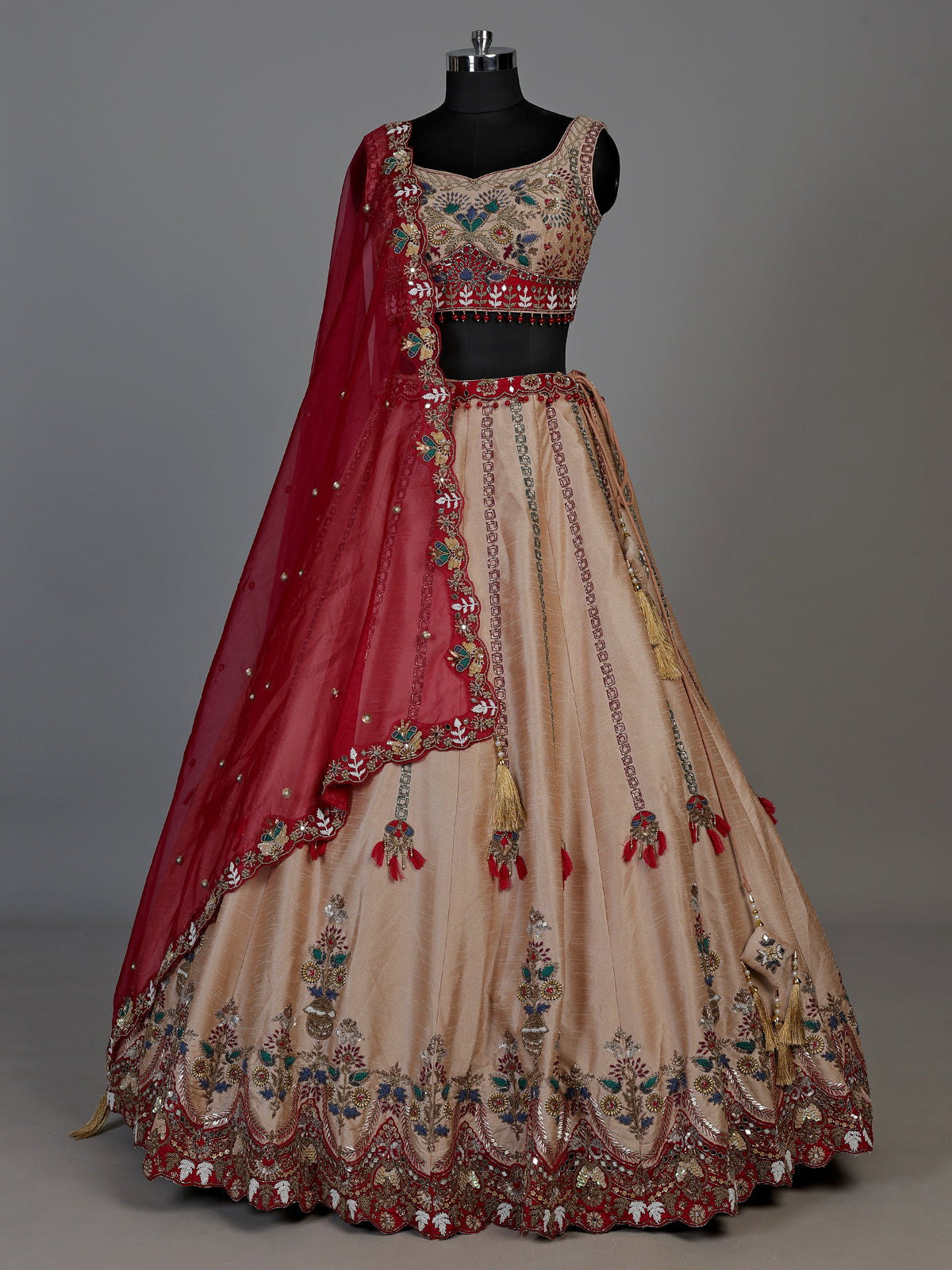 Peach mirror embellished women’s raw silk lehenga choli